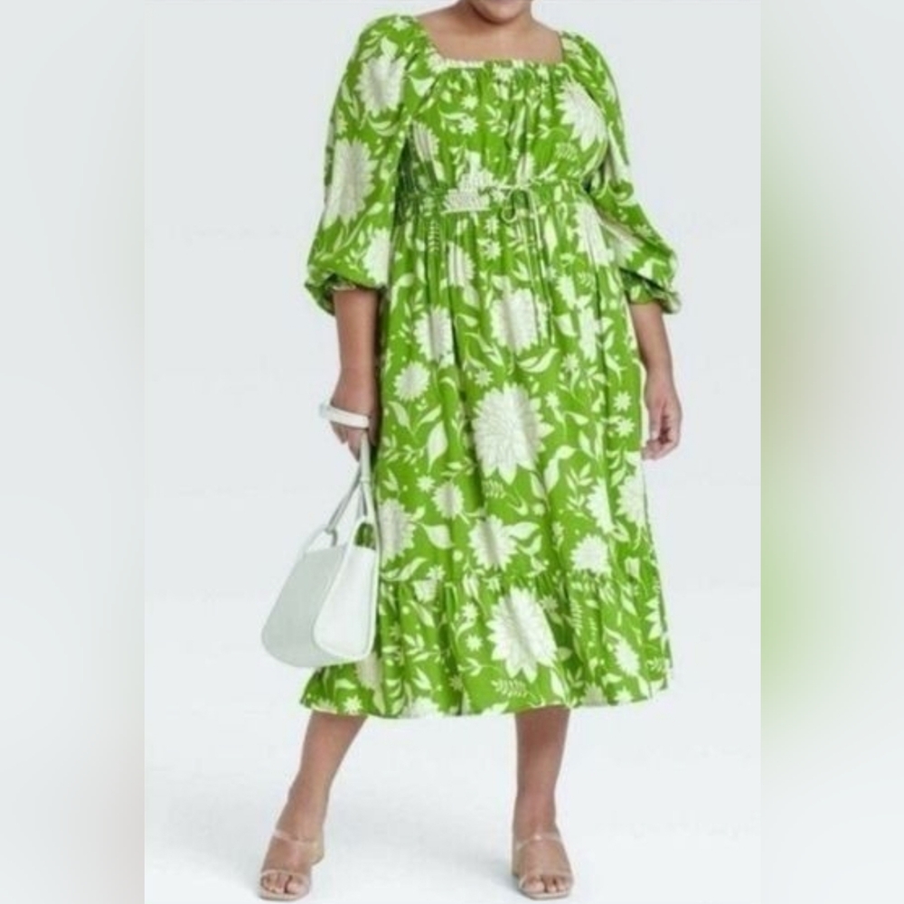 Ava & Viv Square Neck Midi Apple Green/White